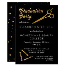 graduation party card with gold scissors and confetti on black paper, which reads congratulations party celebrating elizabeth stephen's graduation from homeowne beauty college