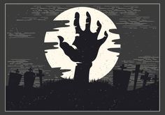 a creepy hand rising out of the ground in front of a full moon with tombstones