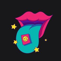 an illustration of a smiley face with pink hair and stars on the bottom half of it