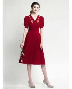 Shop Sleeved Short Burgundy Party Dress With Embroidery V Neck online. All instock with free shipping. Pro since 2009. Embroidered V-neck Party Dress, V-neck Embroidered Dress For Party, Embroidered V-neck Midi Dress For Wedding, Red V-neck Dress For Spring Formal, Formal Embroidered V-neck Dress, Formal V-neck Dress With Floral Embroidery, Red V-neck Dress For Formal Spring Occasions, Red Short Frock For Women, Elegant Red Dress With Floral Embroidery