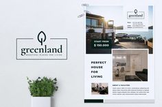 a greenland real estate brochure is displayed on a wall next to a potted plant