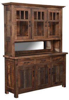 a wooden hutch with glass doors and drawers