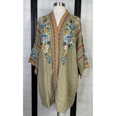 Johnny Was Linen Embroidered Kimono Jacket Note : Size Tag Cut Off/ Brand Tag Partially Cut Off Size: Open Front. Please See Pictures For Measurements. #Cmb Embroidered V-neck Kimono For Spring, Spring Folk Style Embroidered Kimono, Spring Folk Kimono With Floral Embroidery, Spring Outerwear With Floral Embroidery And Open Front, Spring Open Front Outerwear With Floral Embroidery, Beige Floral Embroidery Summer Outerwear, Beige Summer Outerwear With Floral Embroidery, Bohemian Beige Floral Print Outerwear, Long Sleeve Folk Kimono With Floral Embroidery