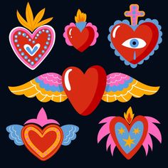 hearts with wings and crosses on black background