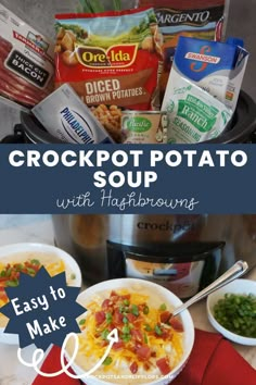 crockpot potato soup with hashbrowns and other ingredients in the slow cooker