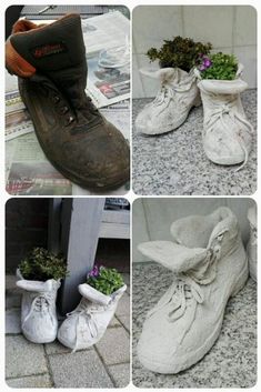 four pictures of shoes with flowers in them and the bottom one is made out of cement