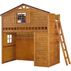 a child's wooden loft bed with a ladder to the top and bottom level