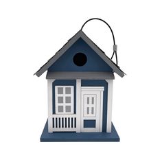 a blue and white birdhouse on a stand with a black cord attached to the roof