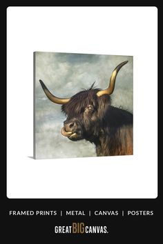 a painting of a bull with long horns on it's head and the words framed prints metal canvass posters great big canvases