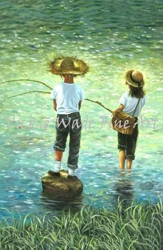 two children are fishing in the water with their hats on and one is holding a rod