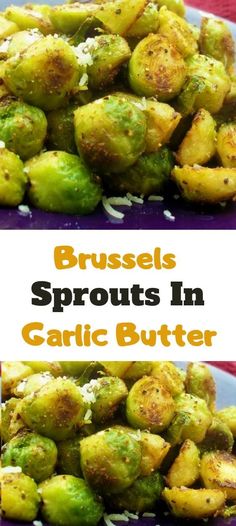 brussel sprouts in garlic butter on a plate with the text brussels sprouts in garlic butter