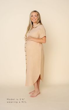 Shop All Colors: HERESizing: XS/S (2-6), M/L (6-10), XL/XXL (10-16) Short Sleeve Maternity Dresses For Summer, Beige Knee-length Loungewear Dress, Modest Beige Maxi Dress With Short Sleeves, Beige Midi Dress For Loungewear, Beige Short Sleeve Midi Dress, Beige Button-up Cotton Dress, Flowy Short Sleeve Shirt Dress For Daywear, Button-up Loungewear Dresses With Buttons, Button-up Dresses With Buttons For Loungewear