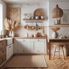 a kitchen filled with lots of wooden furniture next to a wall mounted oven and counter top