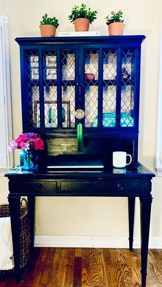 a black desk with two potted plants on top and a blue hutch behind it