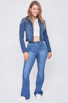 It’s giving 90’s baby! It’s no secret that the fitted look is back and our Women’s Midi Denim Jacket gives you just that! This jacket perfectly hugs your body and falls at/slightly above your belly button to give a cropped look. This jacket is sure to have you feeling cute and confident! Designed with a 6-button front Fitted Cropped Flare Jeans, Fitted Cropped Denim Flare Jeans, Stretch Cropped Flare Denim Jeans, Fitted Cropped Casual Jacket, Fitted Casual Cropped Jacket, Casual Fitted Cropped Jacket, Fall Cropped Fitted Flare Jeans, Fitted Dark Wash Cropped Jacket For Fall, Fall Cropped Medium Wash Flare Jeans