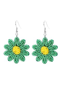 green and yellow beaded flower earrings