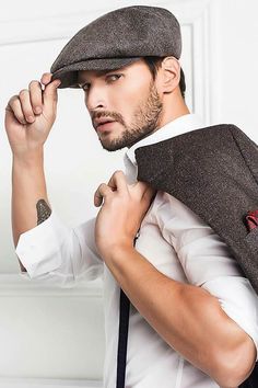 Panama Hat Outfit Summer Men, Man Tipping Hat Pose Reference, Berrets Outfits Men, Hat Poses Men, Winter Hats Men, Hats Outfit Men, Poses With Hat, Beret Outfit Men