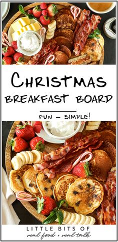 christmas breakfast board with strawberries and pancakes