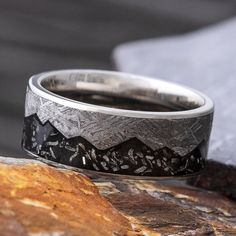 Black Stardust™ Wedding Band with Meteorite Mountain Design-4526 - Jewelry by Johan Mountain Wedding Ring, Stardust Wedding, Nature Inspired Wedding Bands, Meteorite Wedding Rings, Meteorite Wedding Band, Gibeon Meteorite, Mens Wedding Bands Unique, Meteorite Jewelry, Unique Mens Rings