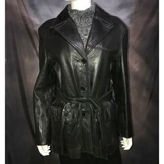 Here is a beautiful and soft Italian lamb skin genuine leather jacket from Dimension New York. Women’s size large. It had a zip-out fleece liner vest that I no longer have. Jacket is 100% genuine leather with 50% nylon/50% acetate lining. Belt that ties in front, belt loops, 2 front pockets with flaps, 3-button closure in front, collar. In very good condition. Casual Leather Long Coat For Fall, Casual Black Leather Blazer, Casual Long Leather Coat, Casual Long Leather Jacket For Spring, Classic Long Leather Coat For Fall, Casual Black Leather Long Coat, Belted Jacket, Black Leather Belt, Genuine Leather Jackets