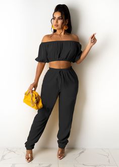 Summer New Arrivals Solid Color Off Shoulder Short Sleeve Crop Top Long Pants Two Piece Set Two Piece Pants Set, Elastic Waist Shorts, Short Sleeve Cropped Top, Casual Sets, Off Shoulder Tops, Two Pieces, Outfit Sets, Two Piece Pant Set, Off The Shoulder