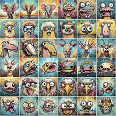 many different pictures of cartoon animals with big eyes and large beaks, all in various poses