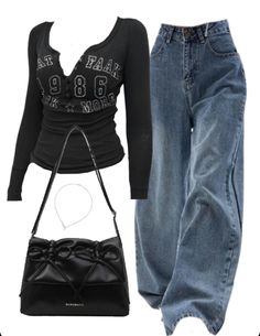 Good Aesthetic Outfits, 90s Outfit Baggy Jeans, Clothes With Baggy Jeans, Long Jean Outfits, Loose Baggy Jeans Outfit, Pretty Clothes Aesthetic, Cute Outfits With Baggy Jeans, Fitted Tee Outfit, Dressed Up Jeans Outfit