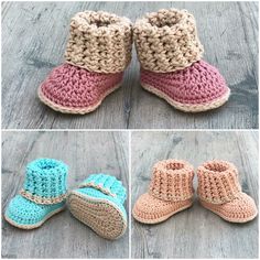 crocheted baby booties and slippers are shown in three different colors, including pink, brown, blue, and beige