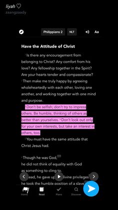 the bible app on an iphone with pink and black text, which reads have the attitude of christ