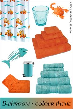 the bathroom is decorated in orange and blue with fish, towels, cups, and other items