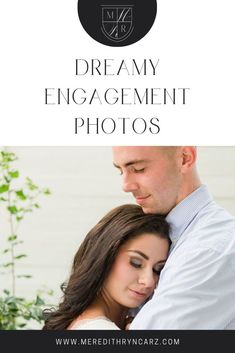 a man and woman embracing each other with the words dreamy engagement photos above them