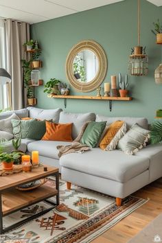 Home Design Ideas Boho Interior Design Bohemian Homes, Cozy Green Living Room, Fun Living Room Ideas, Boho Living Room Apartment, Green Living Room, Living Room Orange, Accent Walls In Living Room, Bohemian Interior, Living Room Green