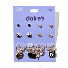 Add some flair to your style with Claire's Black, Gold, and Ying Yang Earring Set. This 8-pack includes a mix of studs and huggie hoops, perfect for girls and teens. Made from durable materials, these earrings are comfortable and stylish. The set features trendy black, gold, and ying yang designs, adding a touch of fun to any outfit. These earrings make a great gift for any occasion and are sure to be a hit with anyone who loves unique and fashionable accessories. Size: one size.  Gender: female Cute Black Hypoallergenic Earrings, Cheap Black Cat Ears Earrings, Claires Earrings Claire's, Yin Yang Stud Earrings, Yin Yang Charm, Fashionable Accessories, Black White And Gold, Girls Black, Gold Jewelry Earrings