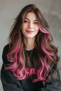 33 Pink Balayage on Brunette Hairstyle Ideas That Are Perfectly Pretty Pink Balayage Brunette, Black Pink Hair, Brunette Roots, Rambut Brunette, Pink Streaks, Pink Ombre Hair