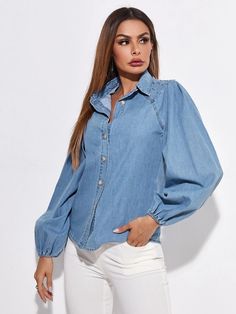 Denim Blouse Women, Denim Blouse, Denim Details, Denim Top, Denim Women, Sleeve Blouse, Blouses For Women, Long Sleeve Blouse, Long Sleeve