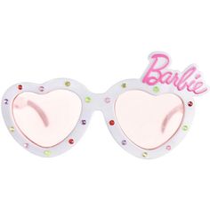 a pair of sunglasses with the word barbie written on it's side and two heart shaped