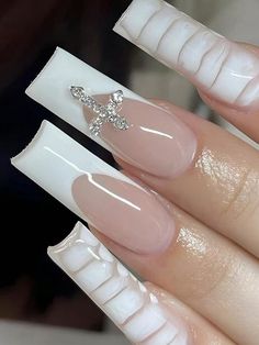 Multicolor  Collar   Colorblock Color Nails Embellished   Nail,Hand & Foot Care Paznokcie Hello Kitty, Cross Nails, White Acrylic Nails, Her Nails, Short Square Acrylic Nails, Acrylic Nails Coffin Pink