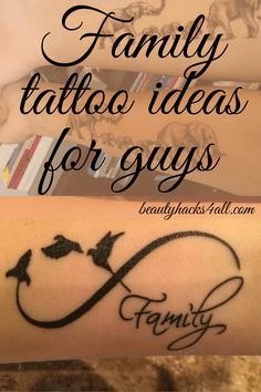 the words family tattoo ideas for guys are written in cursive font