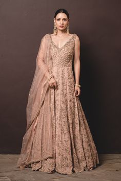 Nitika Gujral-Tea Rose Shimmer Georgette Gown-INDIASPOPUP.COM Reception Lehengas, Salwar Suit Pattern, Anarkali Gown With Dupatta, V Neck Anarkali, Beige Gown, Traditional Gown, Anarkali With Dupatta, Rose Gown, Georgette Gown