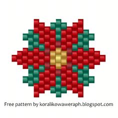 a red and green christmas ornament made out of lego blocks with the words free pattern by koralowaweaph