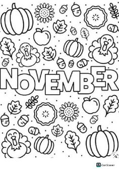 the november coloring page is filled with fall and autumn themed items, including pumpkins