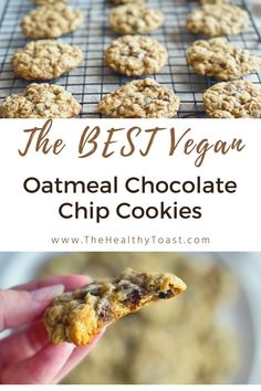 the best vegan oatmeal chocolate chip cookies on a cooling rack with text overlay