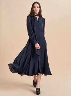 Everly Dress | La Ligne NYC Elegant Blue Viscose Maxi Dress, Blue Viscose Maxi Dress, Sleek Viscose Dress For Date Night, Sleek Silk Dress For Fall, Sleek Silk Fall Dresses, Chic Flowy Dress For Work, Chic Viscose Midi Dress For Dress Down Occasions, Chic Silk Midi Dress For Fall, Chic Silk Dress For Fall