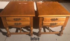 two wooden nightstands sitting side by side on top of a tile floor next to each other