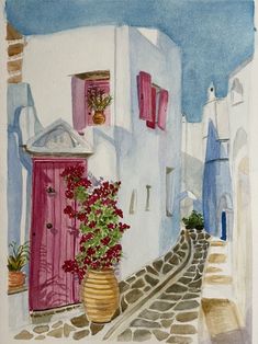 a watercolor painting of a house with pink doors and flowers in the window sill