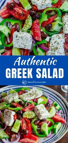 greek salad with cucumbers, tomatoes, olives and feta cheese on top