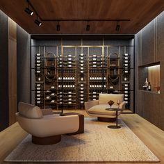 a living room filled with furniture and lots of wine bottles on the wall behind it