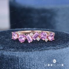 Pink Sapphire Ring Rose Gold Half Eternity Wedding Band Women Baguette Cut Gemstone Women Ring Diamond Stacking Matching Band Gift For Her 🌙 Product Details -Stone: Pink Sapphire -Ring Band: 1.4mm -Metal Choice: 14K or 18K Solid Gold (Rose, White, or Yellow) **Handmade in the US The making process is about 3-4 weeks!! 🌙 MoonLandUS Service Available - Accept return and exchange for normal orders. All returns are now eligible for a full refund! - Available with any other gemstones or any custom Wedding Jewelry With Diamond Accents And Pink Sapphire, Wedding Rings In Diamond White Pink Sapphire, Pink Sapphire Fine Jewelry For Wedding, Luxury Pink Sapphire Jewelry For Weddings, Luxury Pink Sapphire Wedding Jewelry, Wedding Gemstone Ring With Baguette Cut, Baguette Cut Wedding Ring With Accent Stones, Wedding Jewelry With Rose Cut Diamonds And Pink Sapphire, Baguette Cut Gemstone Wedding Ring