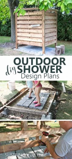 an outdoor shower design plans is shown in three different pictures, including the child's feet and foot