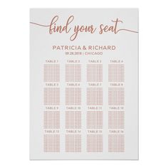 a wedding seating chart with the words find your seat in rose gold foil on white paper